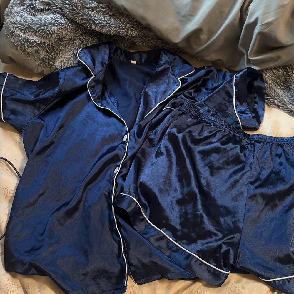 Elegant Navy Blue Satin Pajama Set